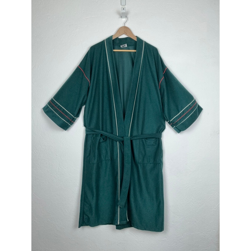 Puritan Green Robe - OS - Vintage Striped Trim Belted Pockets Retro Loungewear